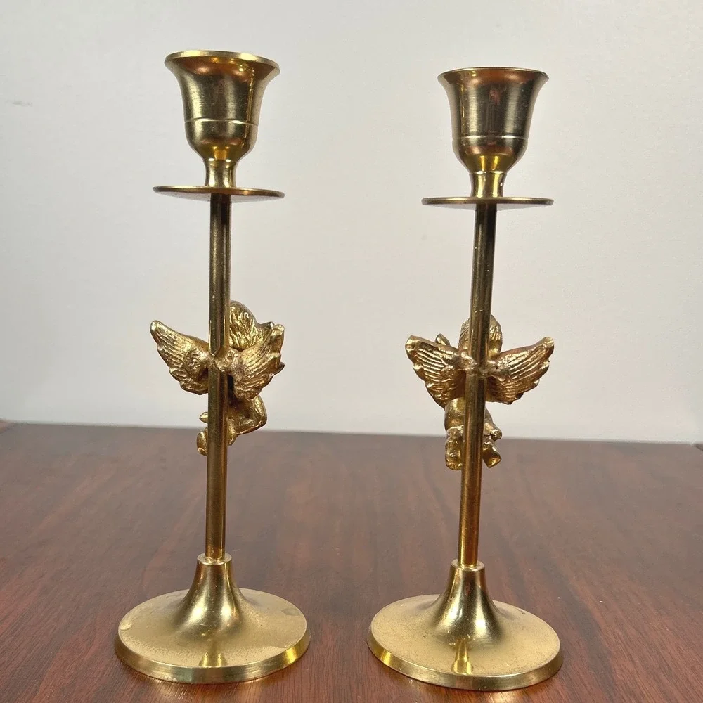 Brass Cherub Angel Candlestick Holders MCM Art Victorian Romantic India Gold TWO